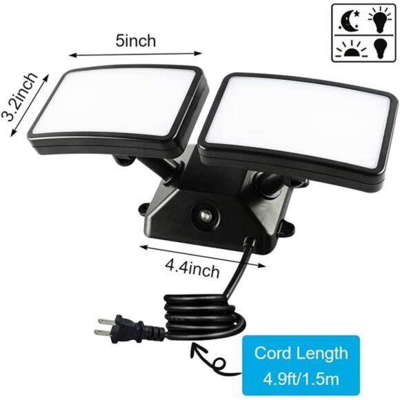 LED Security Light,18W Plug in Flood Light Outdoor, 2 Heads Wall Light - Picture 6 of 6